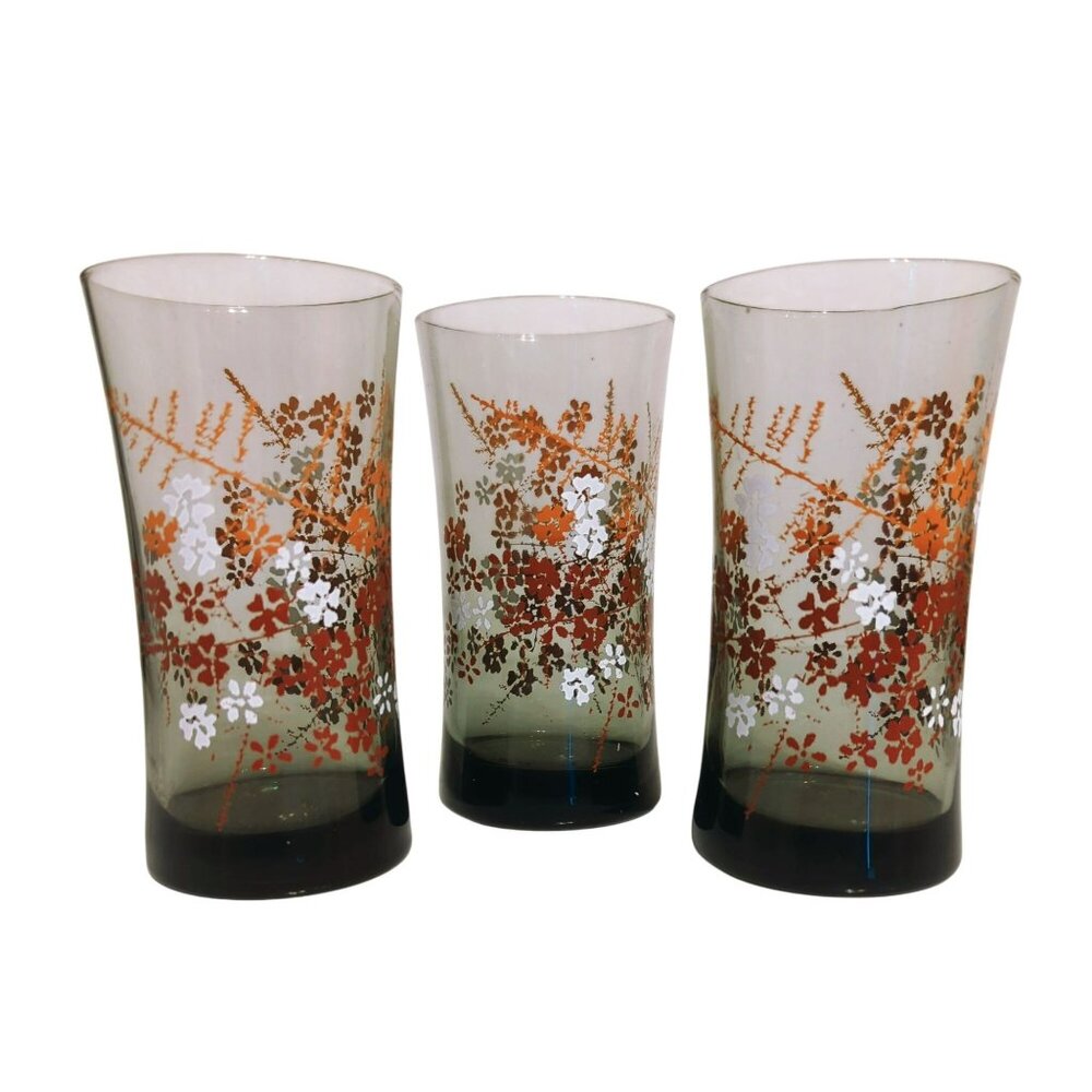 Vintage Libbey 70s Glass Tumblers Set Floral Tawny Orange Smoke 14oz Fall Vibes